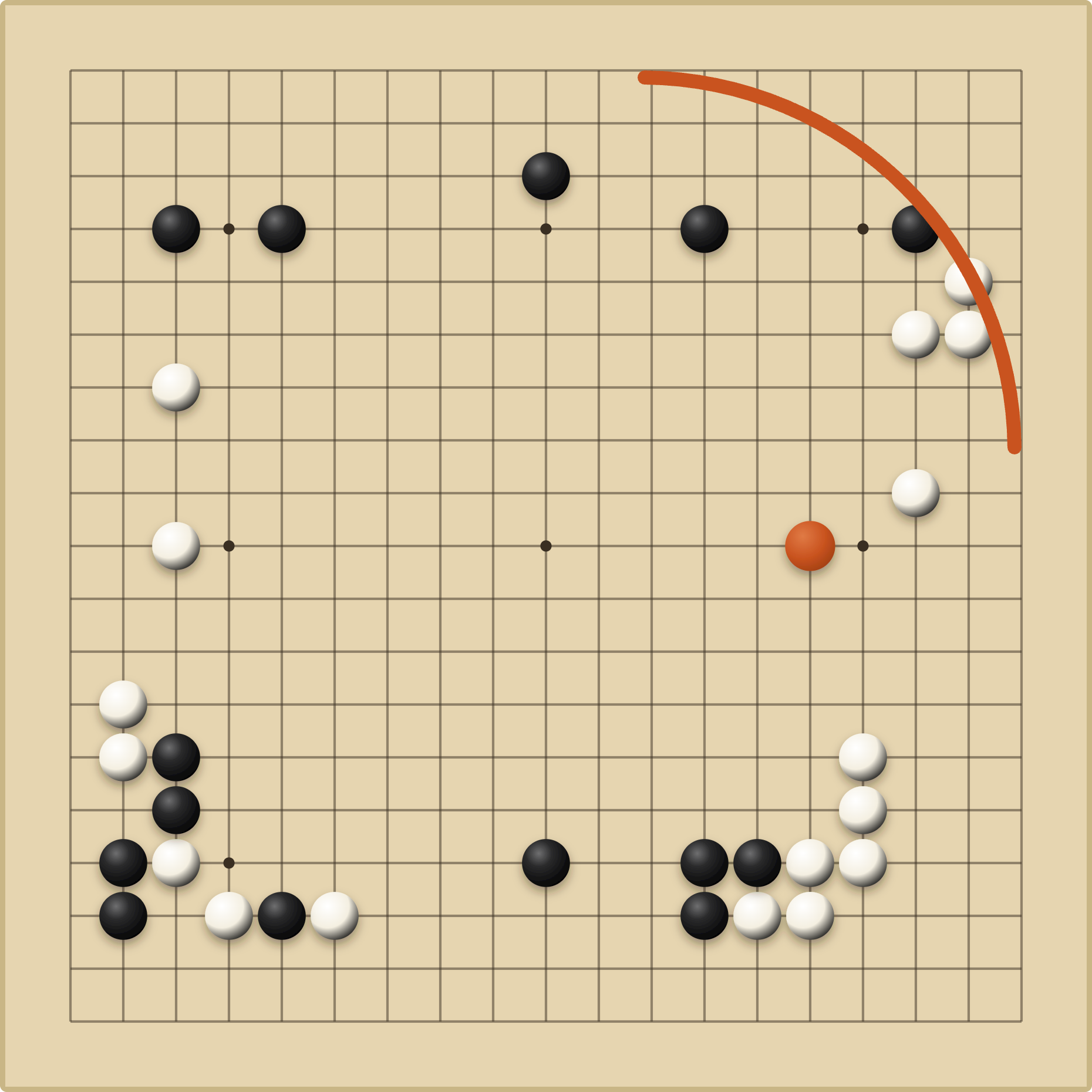 arc37 — the Move 37 position on a Go board, with the decisive vermilion stone and an arc sweeping over the top-right